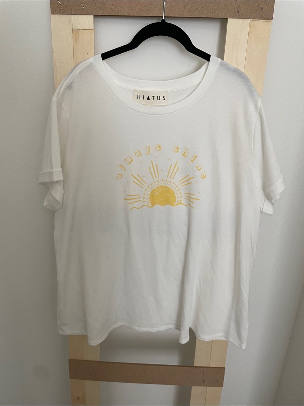 Hiatus Women's White Short Sleeve Tee with Yellow Sunrise Graphic